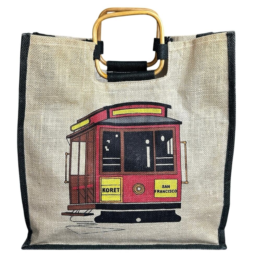 Vintage burlap tote San Francisco cable car trolley bamboo handles by Koret 15”